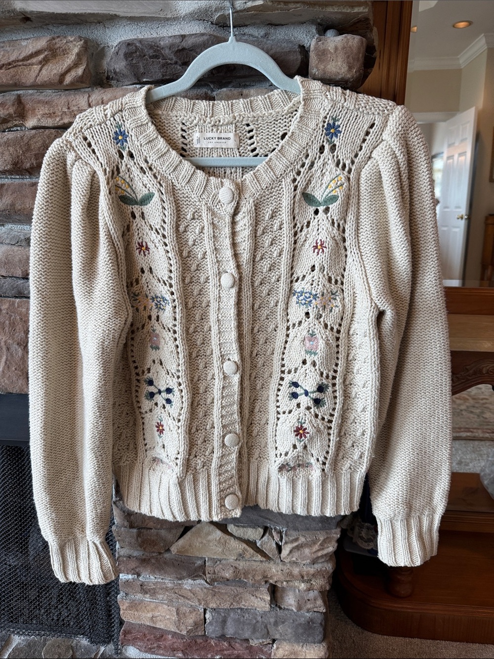 Lucky Brand Cream Knit Cardigan with Floral Embroidery